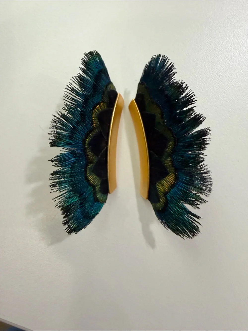 Brackish Peacock Feather Statement Earrings - Blue Green